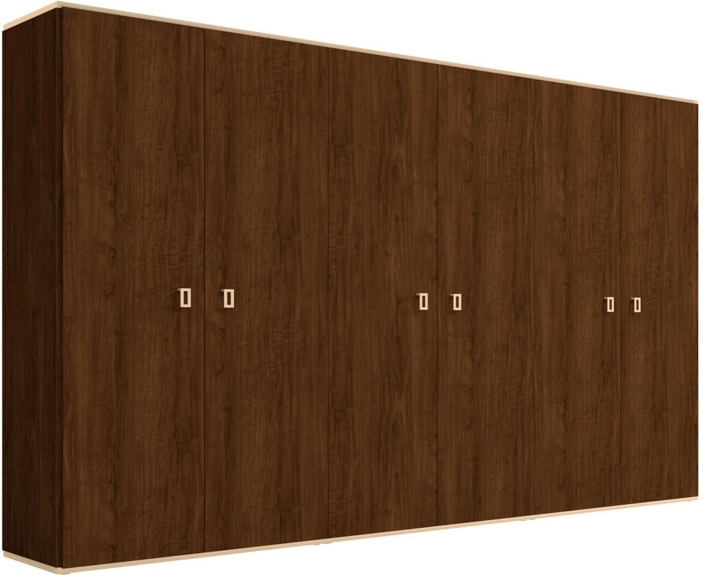 Product photograph of Modern Eva Walnut Italian 6 Door Wardrobe With Gold Trim from Choice Furniture Superstore.